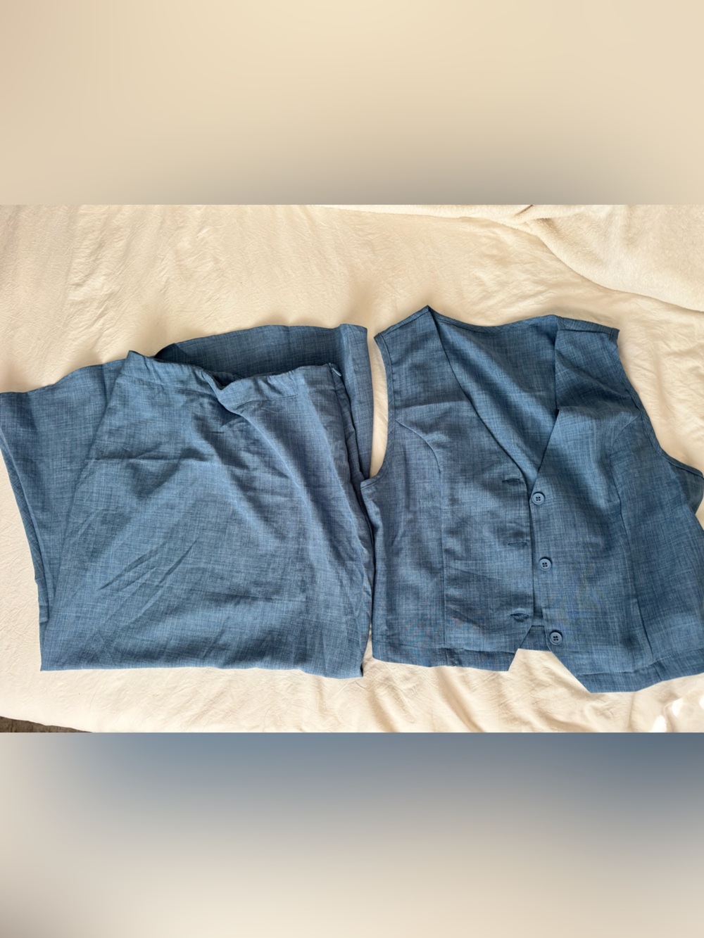Women’s Blue Linen-Blend Dress skirt & Vest Set